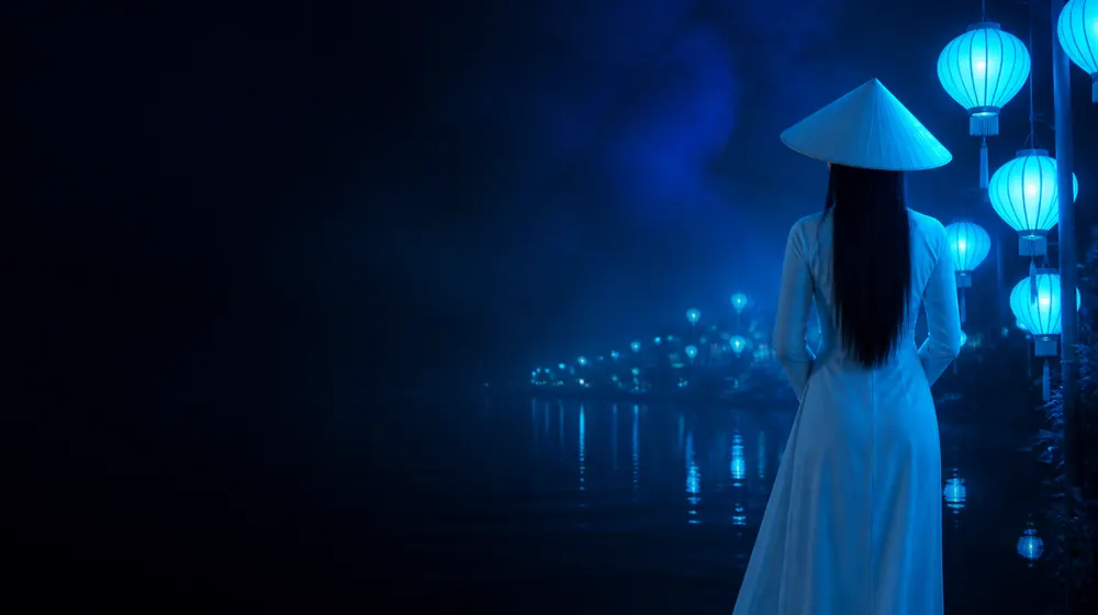 Vietnamese OnlyFans creators — woman in an ao dai and conical hat by a lantern-lit river