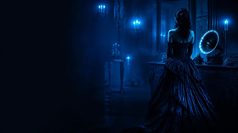 Vintage OnlyFans creators — woman in a victorian gown in a candlelit manor hall, a gramophone horn gleaming on the dresser