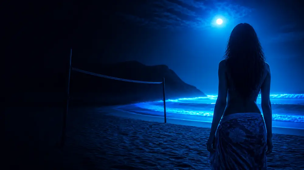 Volleyball OnlyFans creators — woman in a sarong on a moonlit beach with glowing surf, a beach volleyball net strung on the sand