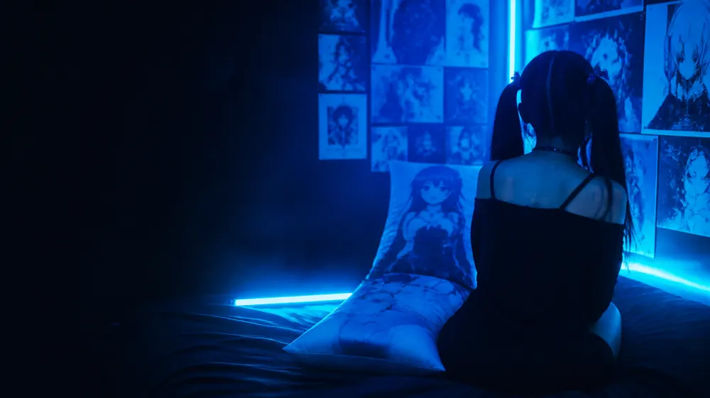 Waifu OnlyFans creators — woman with twin-tail hair in a glowing poster-lined room, a body-pillow propped on the neon bed