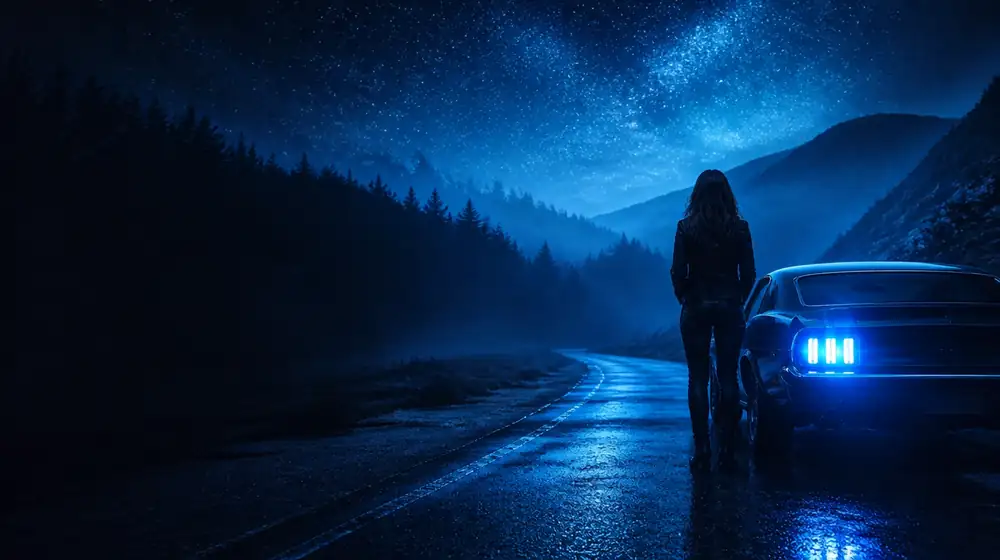 West Virginia OnlyFans creators — woman beside a classic muscle car on a starlit highway, misty forested mountain ridges all around