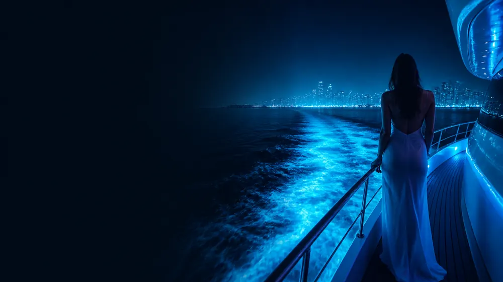 Yacht OnlyFans creators — woman on a yacht deck with city lights across the water