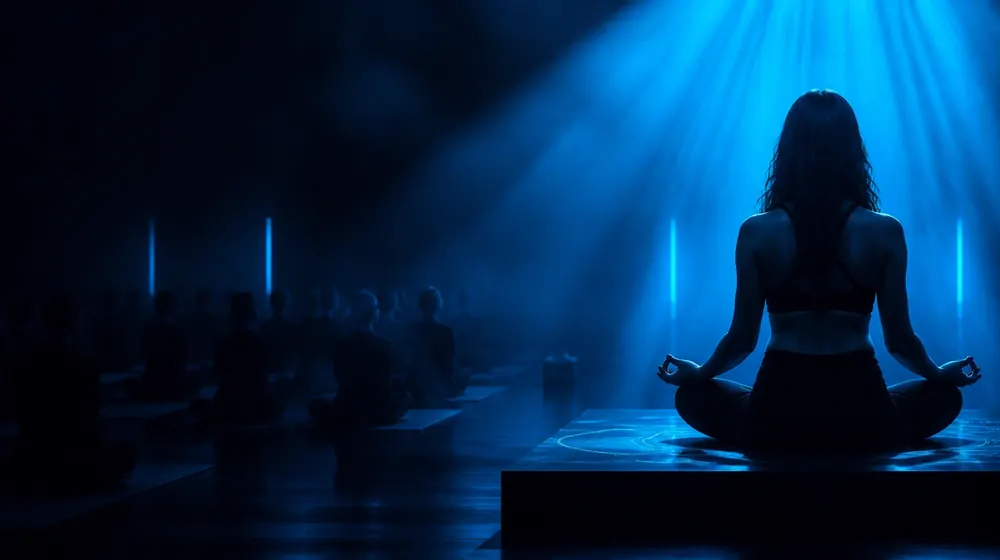 ครีเอเตอร์ OnlyFans หมวด Yoga Instructor — หญิงในท่าโยคะพาดผ่านด้วยลำแสงนุ่มนวล แถวเสื่อของนักเรียนหันหน้าเข้าหาแท่นของเธอ