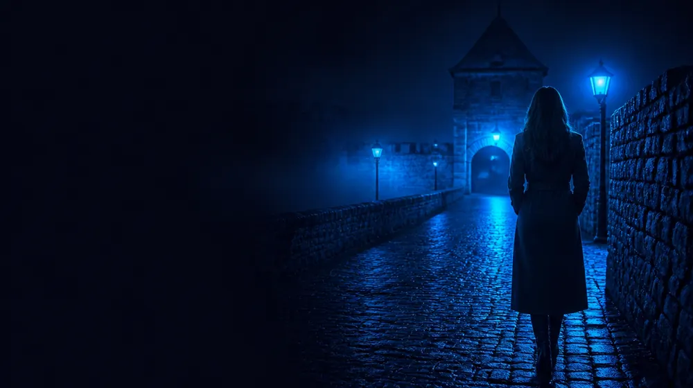 York OnlyFans creators — woman in a long coat on a lantern-lit cobblestone street, medieval walls and a stone gatehouse in lamplight